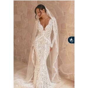 Grace Loves Lace Olive Wedding Gown, Small, Cutout, Long Sleeve, Fitted